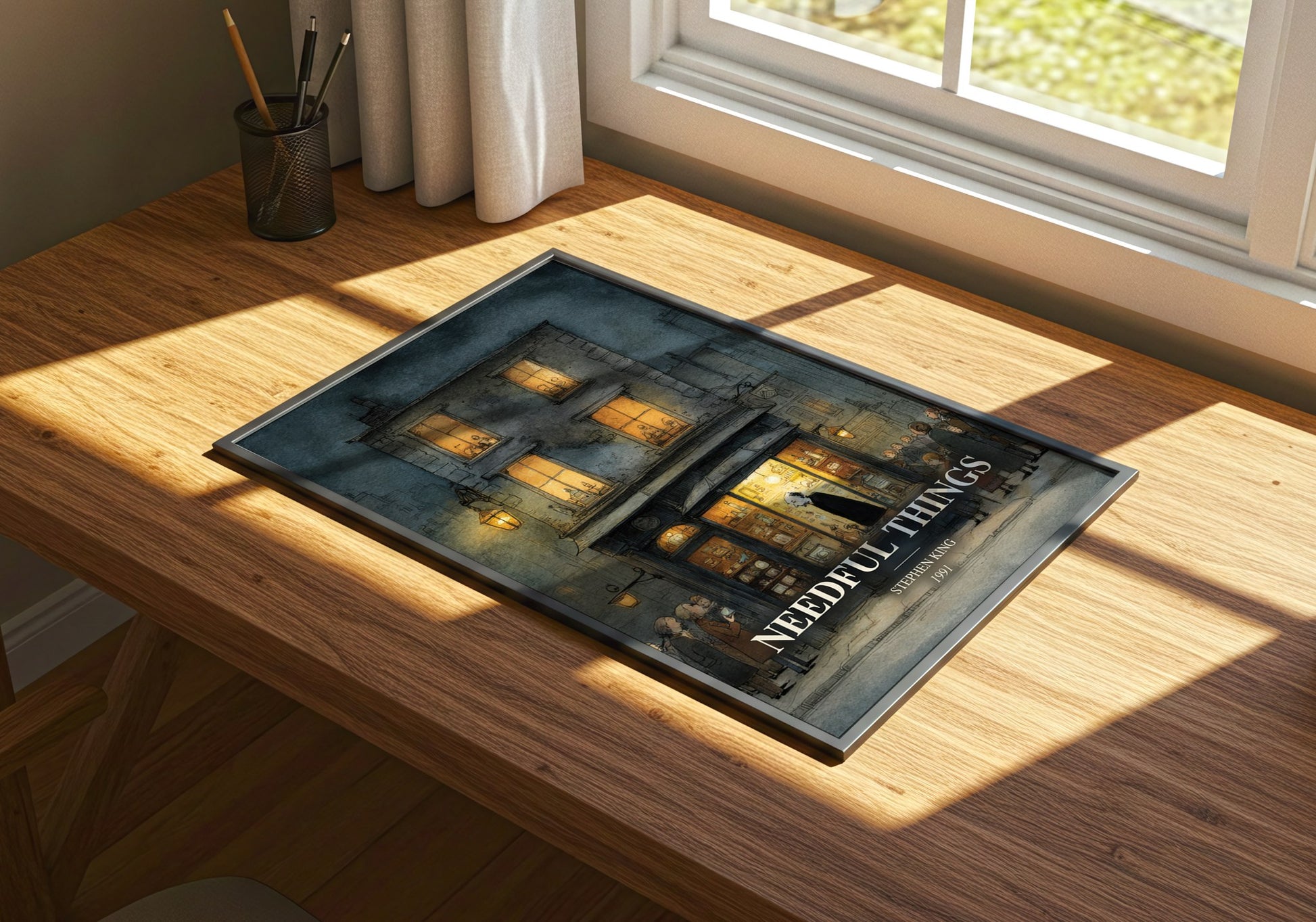 Needful Things watercolour book poster framed on wall – horror wall art