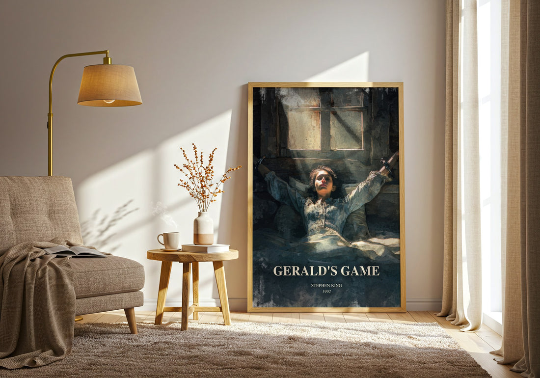 Gerald'S Game watercolour print in frame leaning in hallway – horror wall art (mockup)
