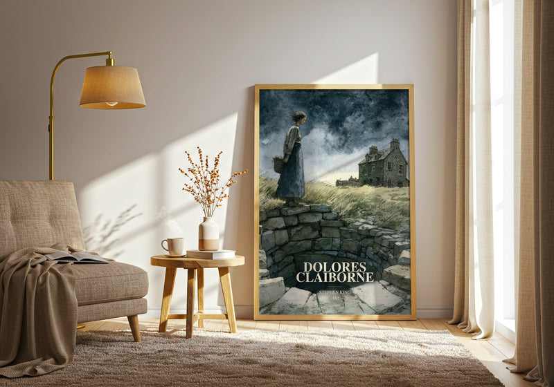 Dolores Claiborne watercolour print in frame leaning in hallway – horror wall art