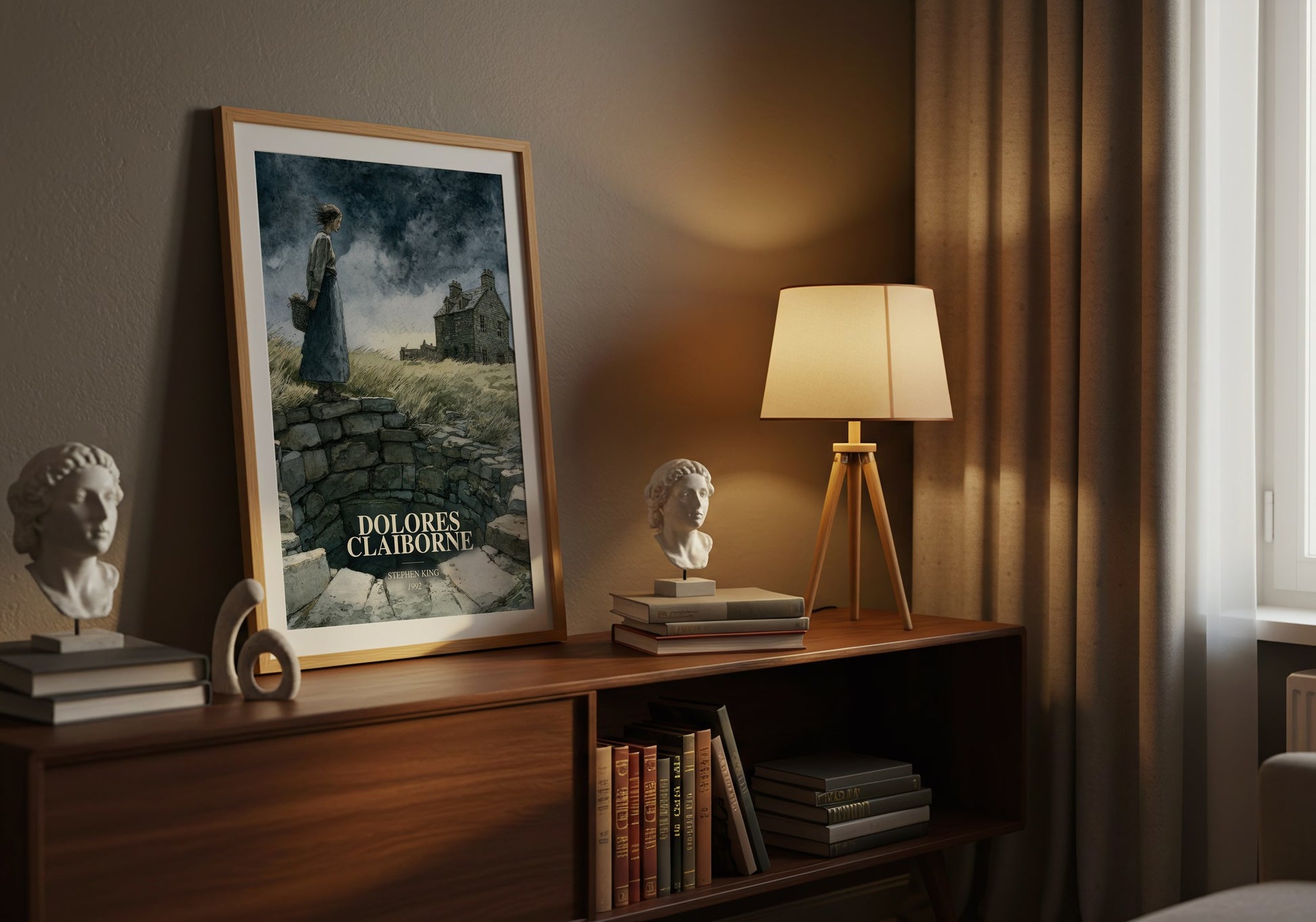 Dolores Claiborne watercolour print on bookshelf – Stephen King fan gift