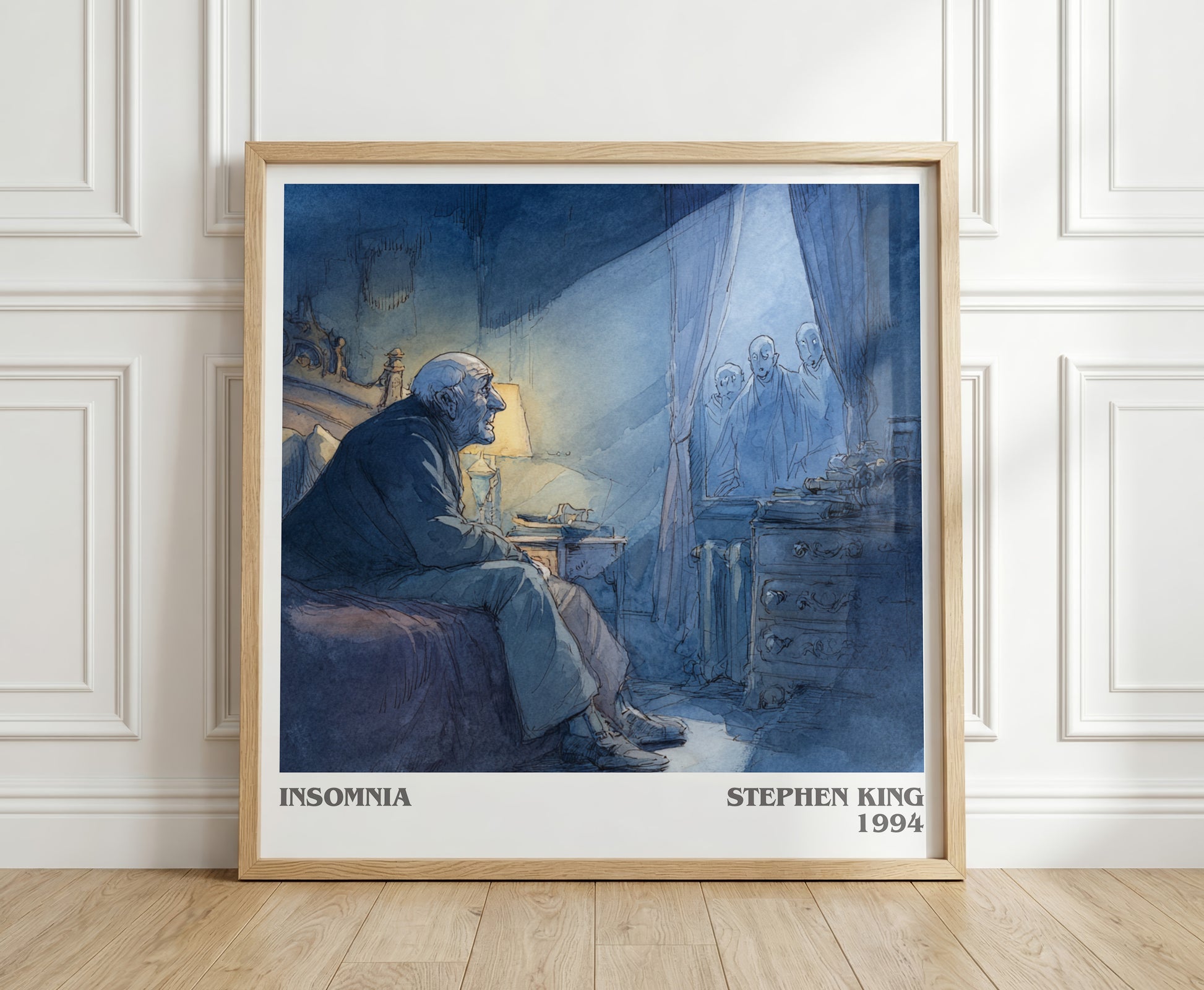 Insomnia literary print in frame leaning in hallway – horror wall art