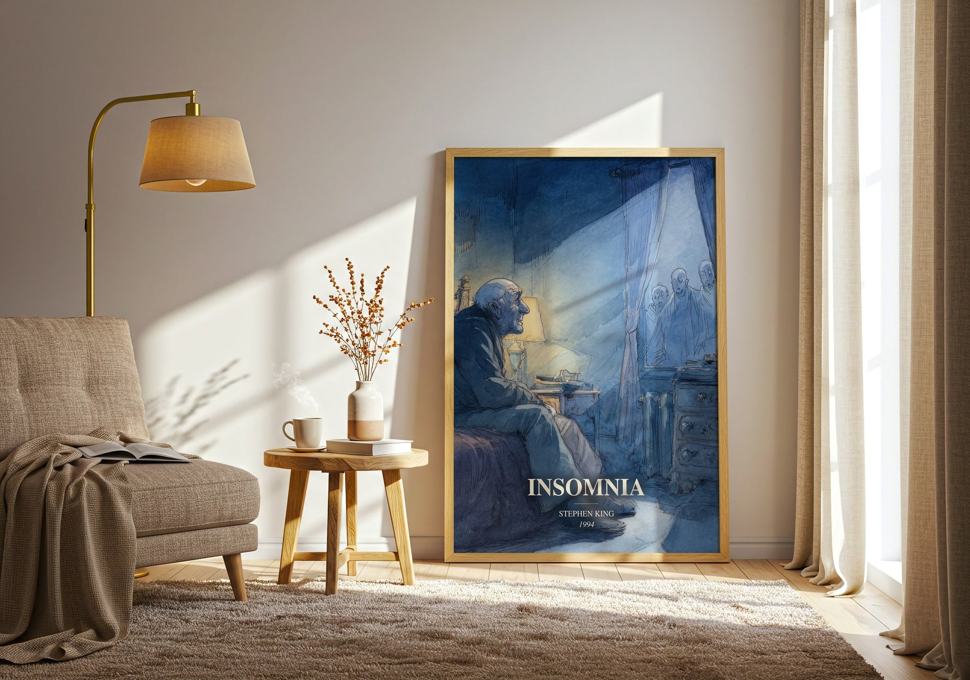 Insomnia watercolour print in frame leaning in hallway – horror wall art