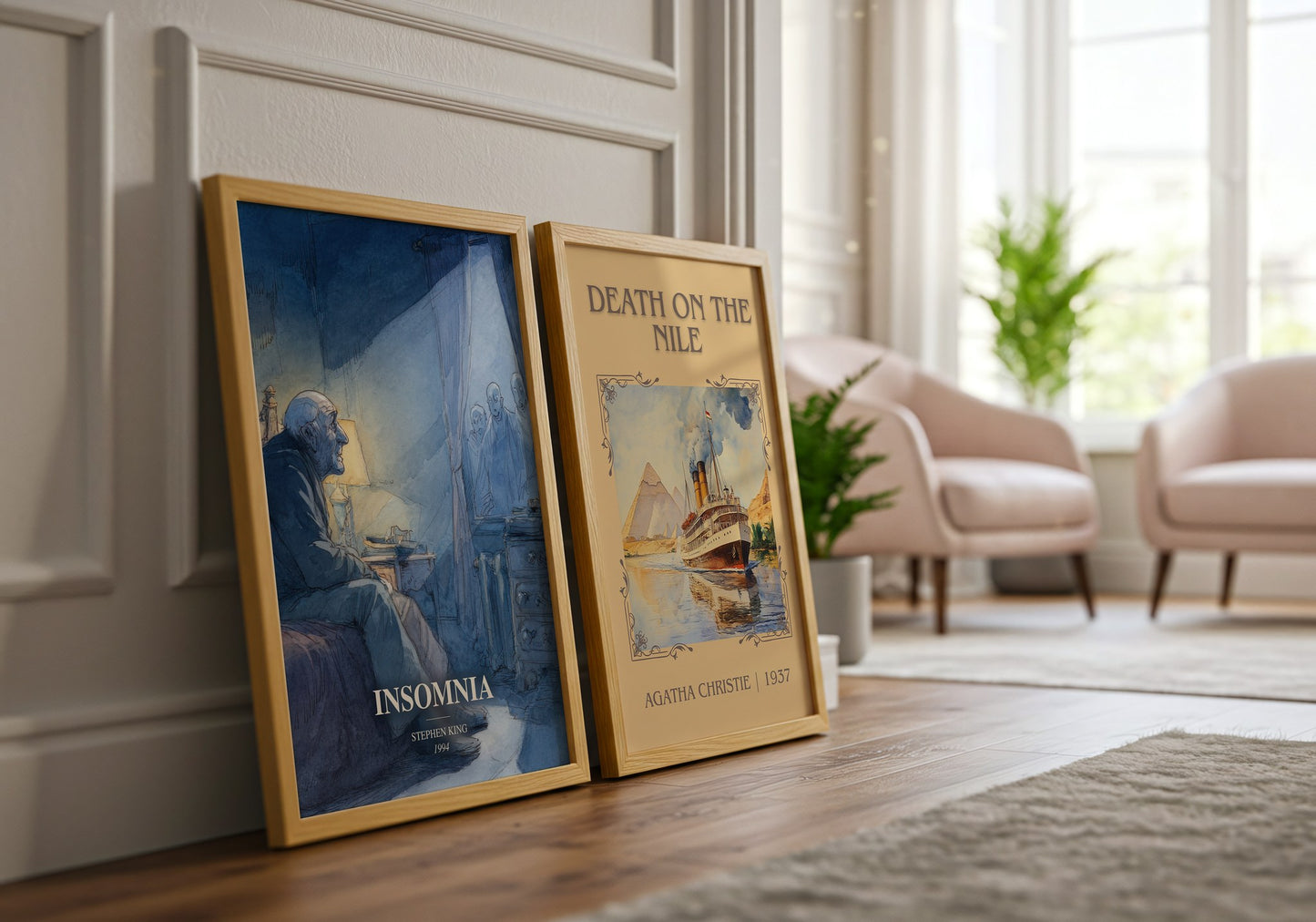 Insomnia watercolour print framed by window – literary home decor