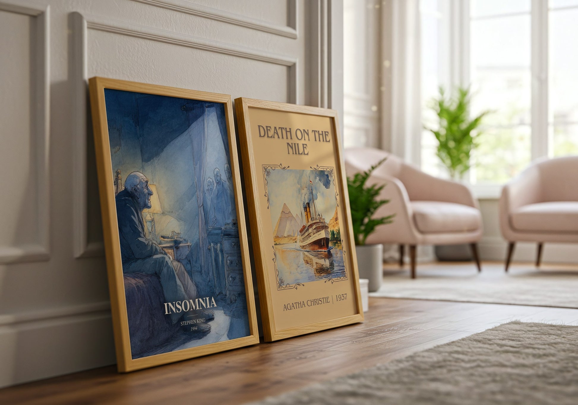 Insomnia watercolour print framed by window – literary home decor