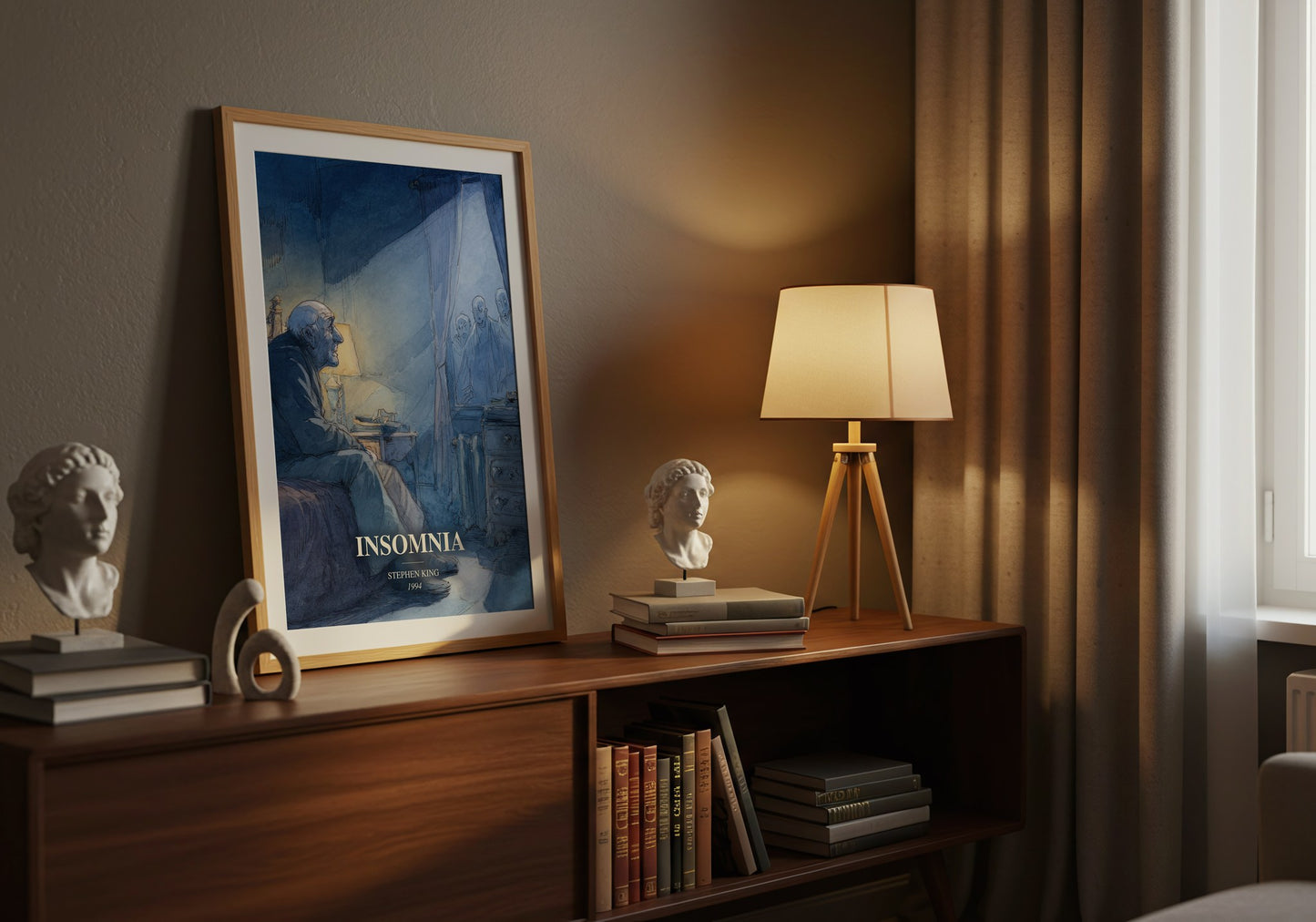 Insomnia watercolour print on bookshelf – Stephen King fan gift