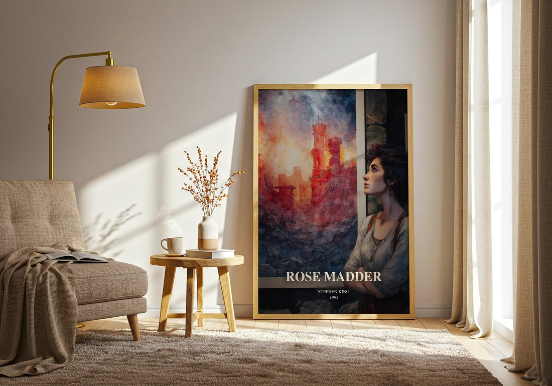 Rose Madder watercolour print in frame leaning in hallway – horror wall art (mockup)