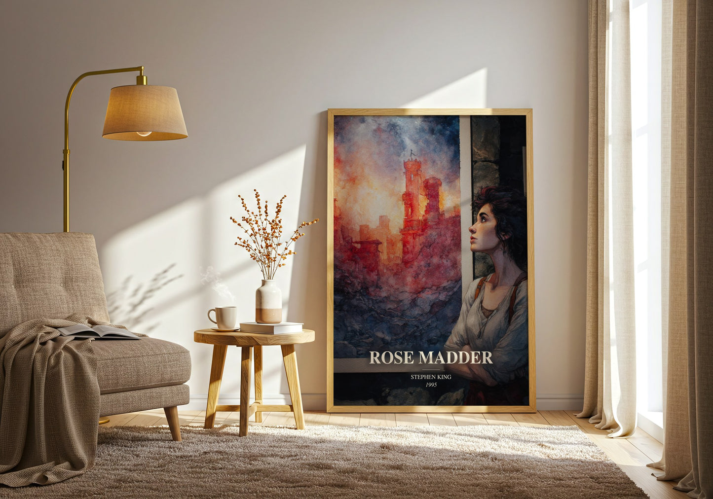 Rose Madder watercolour print in frame leaning in hallway – horror wall art