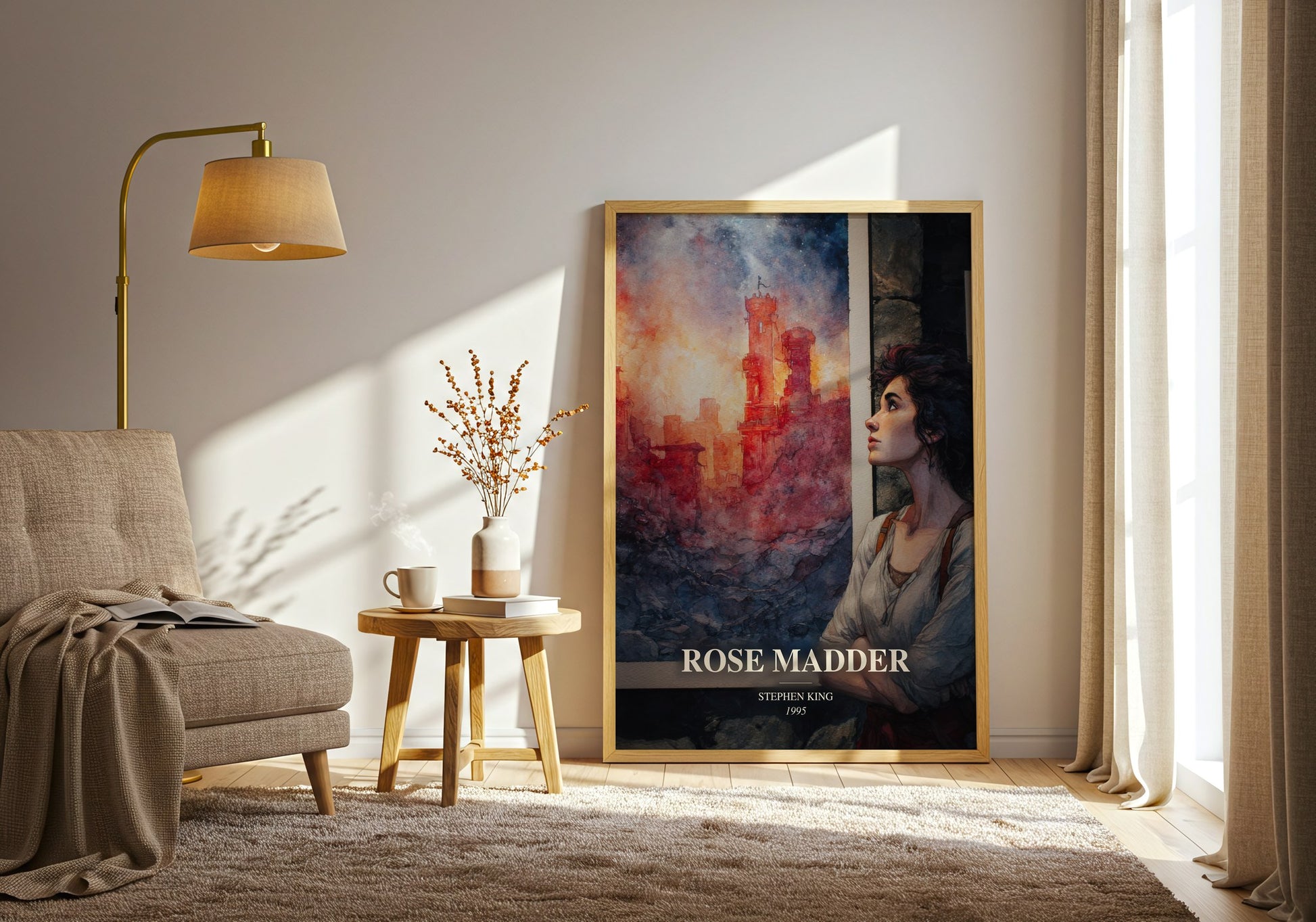 Rose Madder watercolour print in frame leaning in hallway – horror wall art