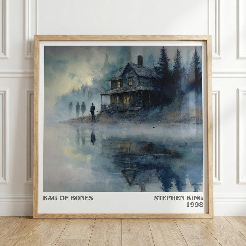 Bag of Bones literary print in frame leaning in hallway – horror wall art