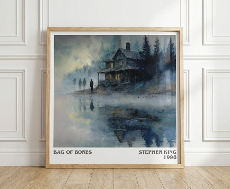 Bag of Bones literary print in frame leaning in hallway – horror wall art
