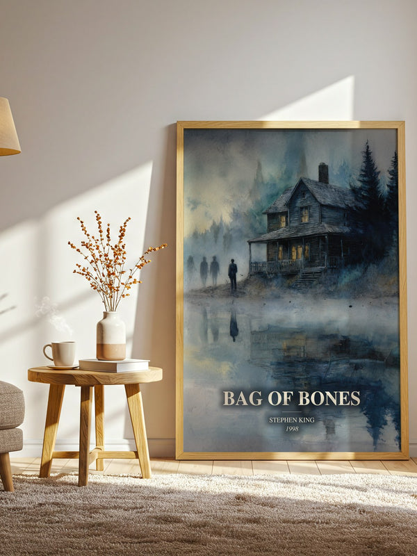 Bag Of Bones watercolour print in frame leaning in hallway – horror wall art