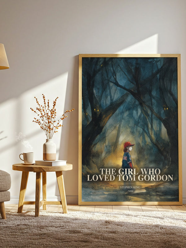 The Girl Who Loved Tom Gordon watercolour print in frame leaning in hallway – horror wall art