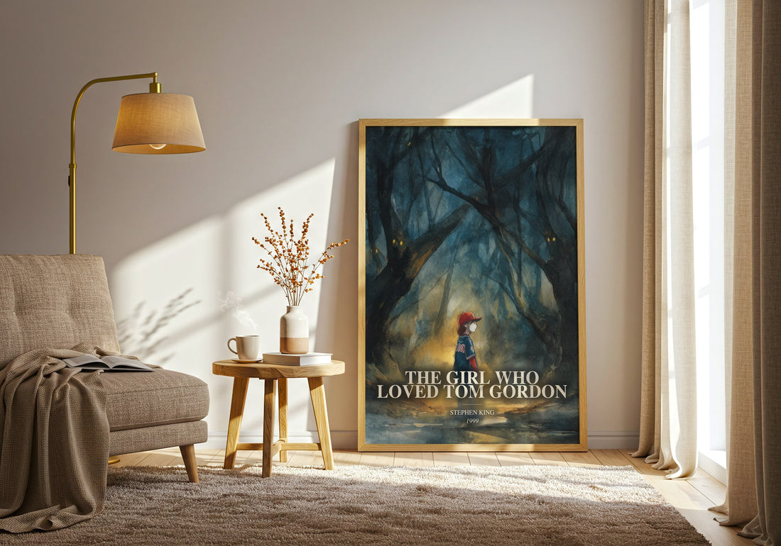 The Girl Who Loved Tom Gordon watercolour print in frame leaning in hallway – horror wall art (mockup)