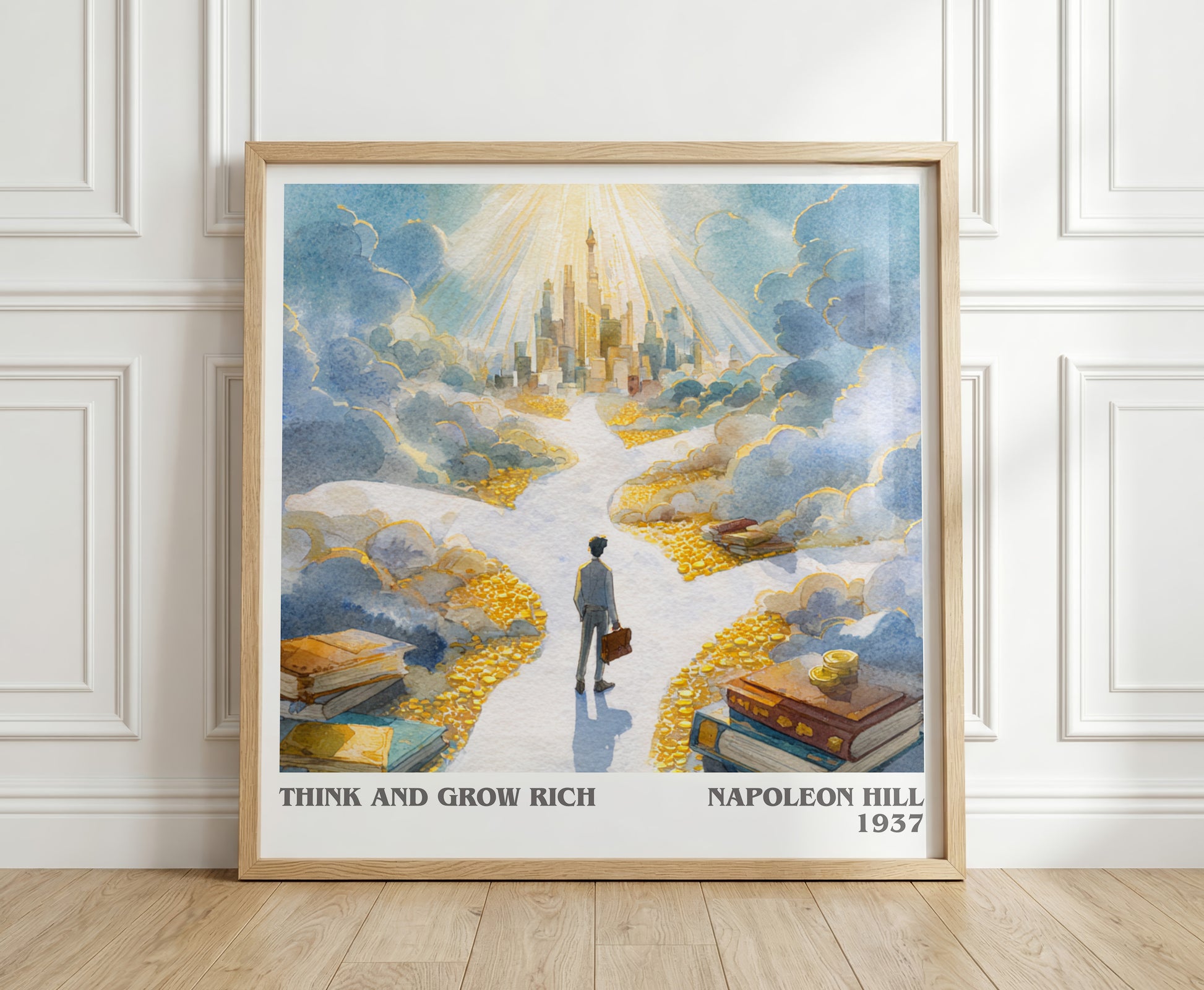 Think and Grow Rich literary print in frame leaning in hallway – non fiction wall art