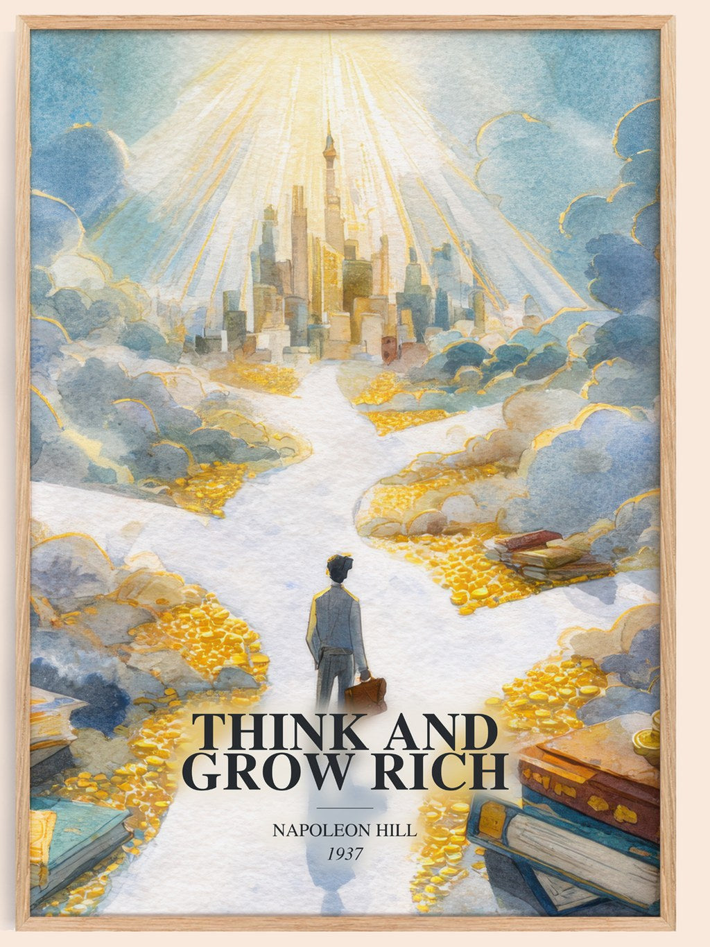 Think And Grow Rich watercolour book poster by Napoleon Hill – framed literary art print