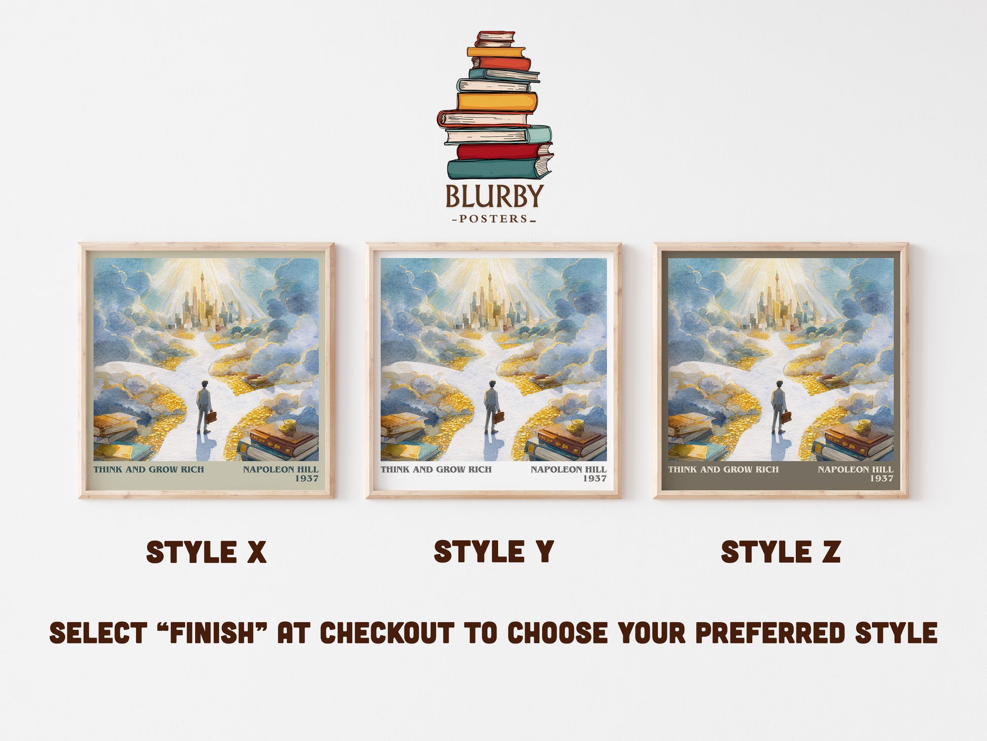 Think and Grow Rich literary art print colour and style options – Napoleon Hill book art