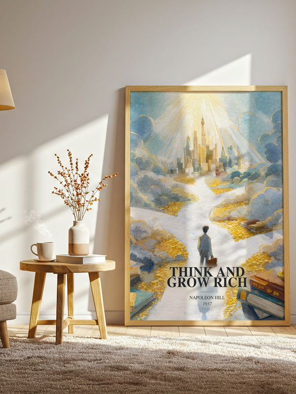 Think And Grow Rich watercolour print in frame leaning in hallway – non fiction wall art