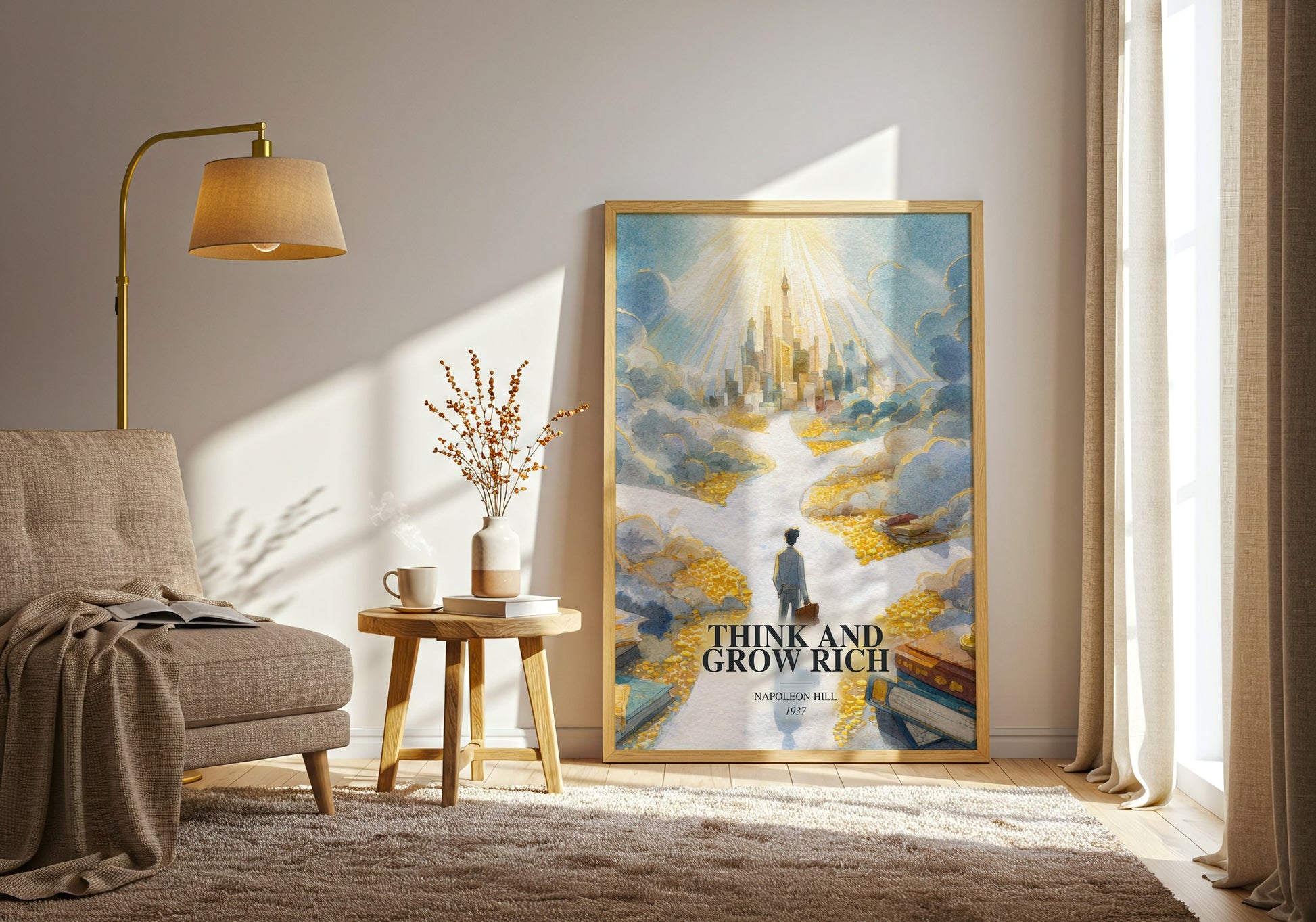 Think And Grow Rich watercolour print in frame leaning in hallway – non fiction wall art
