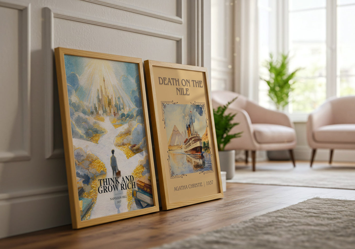 Think And Grow Rich watercolour print framed by window – literary home decor