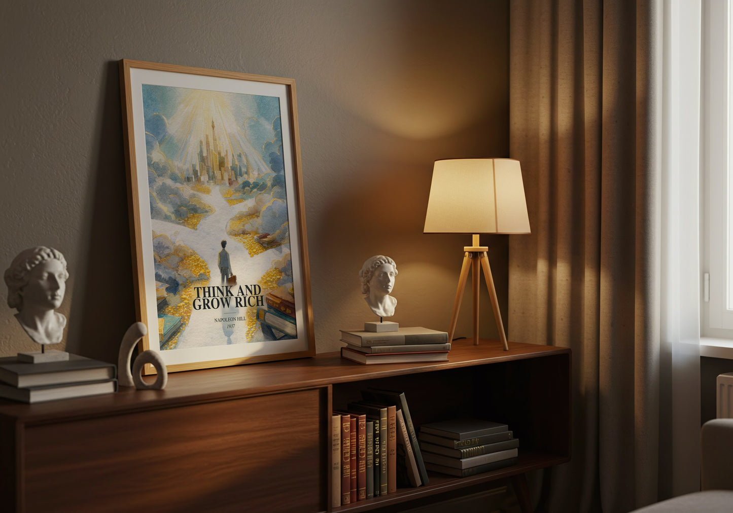 Think And Grow Rich watercolour print on bookshelf – Napoleon Hill fan gift