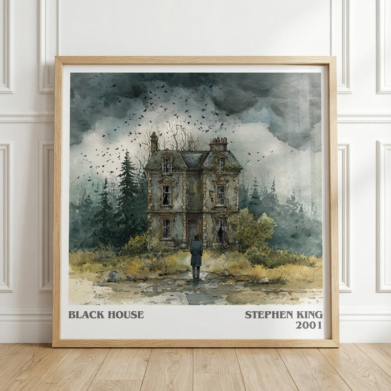 Black House literary print in frame leaning in hallway – horror wall art