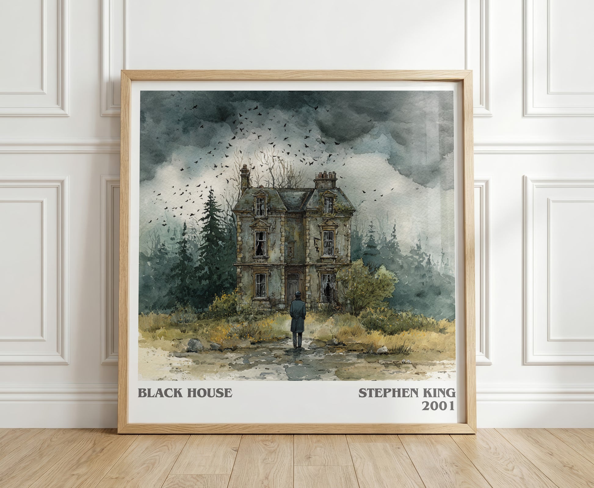 Black House literary print in frame leaning in hallway – horror wall art