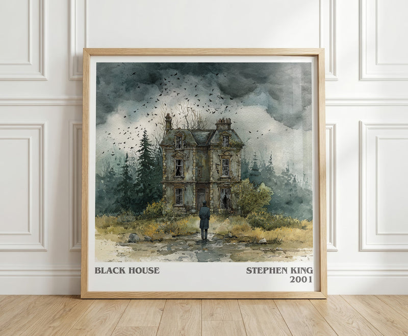 Black House literary print in frame leaning in hallway – horror wall art