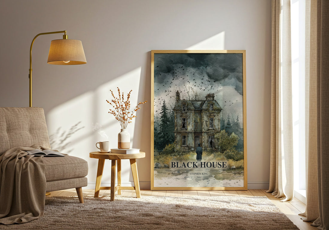 Black House watercolour print in frame leaning in hallway – horror wall art (mockup)