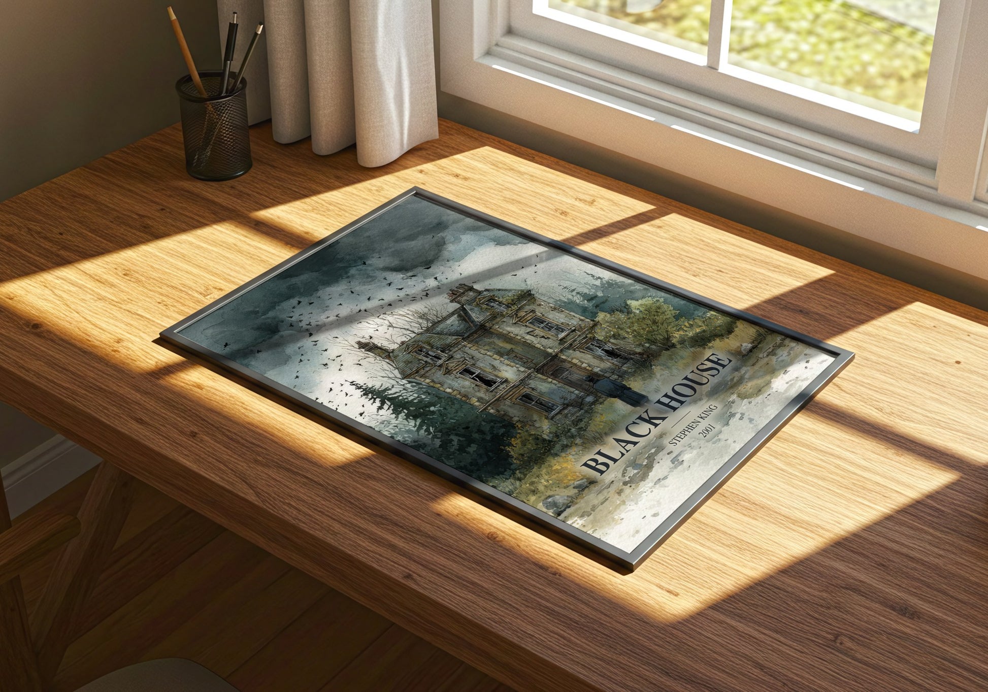 Black House watercolour book poster framed on wall – horror wall art