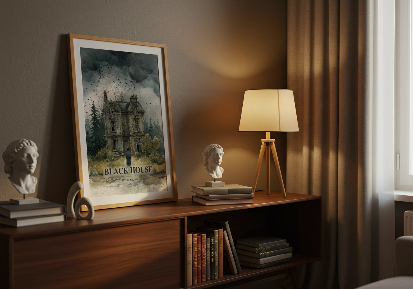 Black House watercolour print on bookshelf – Stephen King fan gift