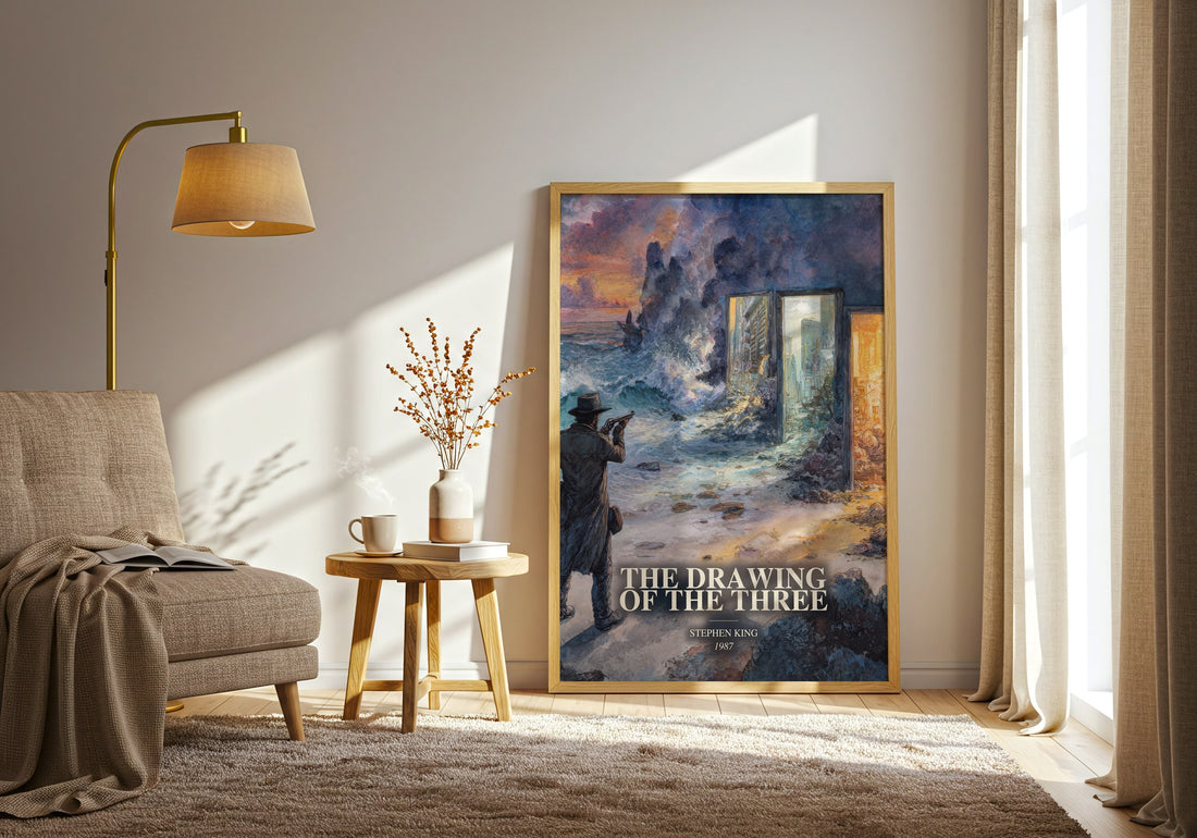 The Drawing Of The Three watercolour print in frame leaning in hallway – fantasy wall art (mockup)