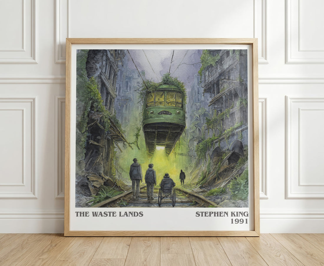 The waste lands literary print in frame leaning in hallway – fantasy wall art (mockup)