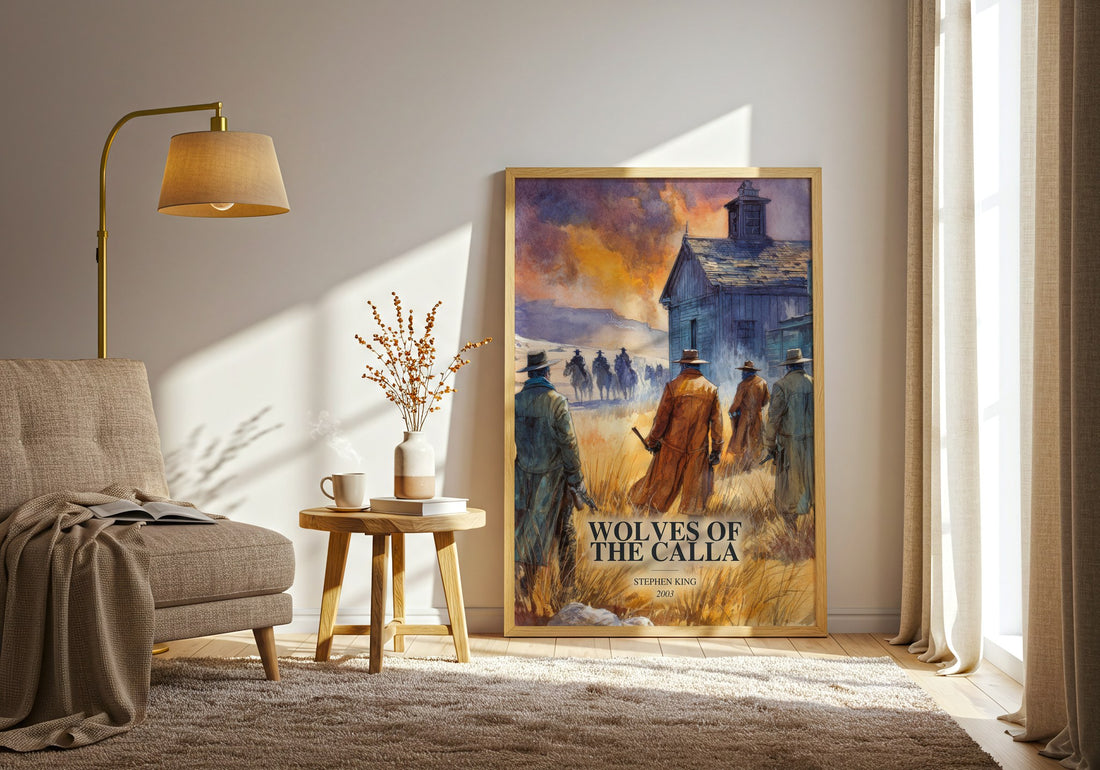 Wolves Of The Calla watercolour print in frame leaning in hallway – fantasy wall art (mockup)