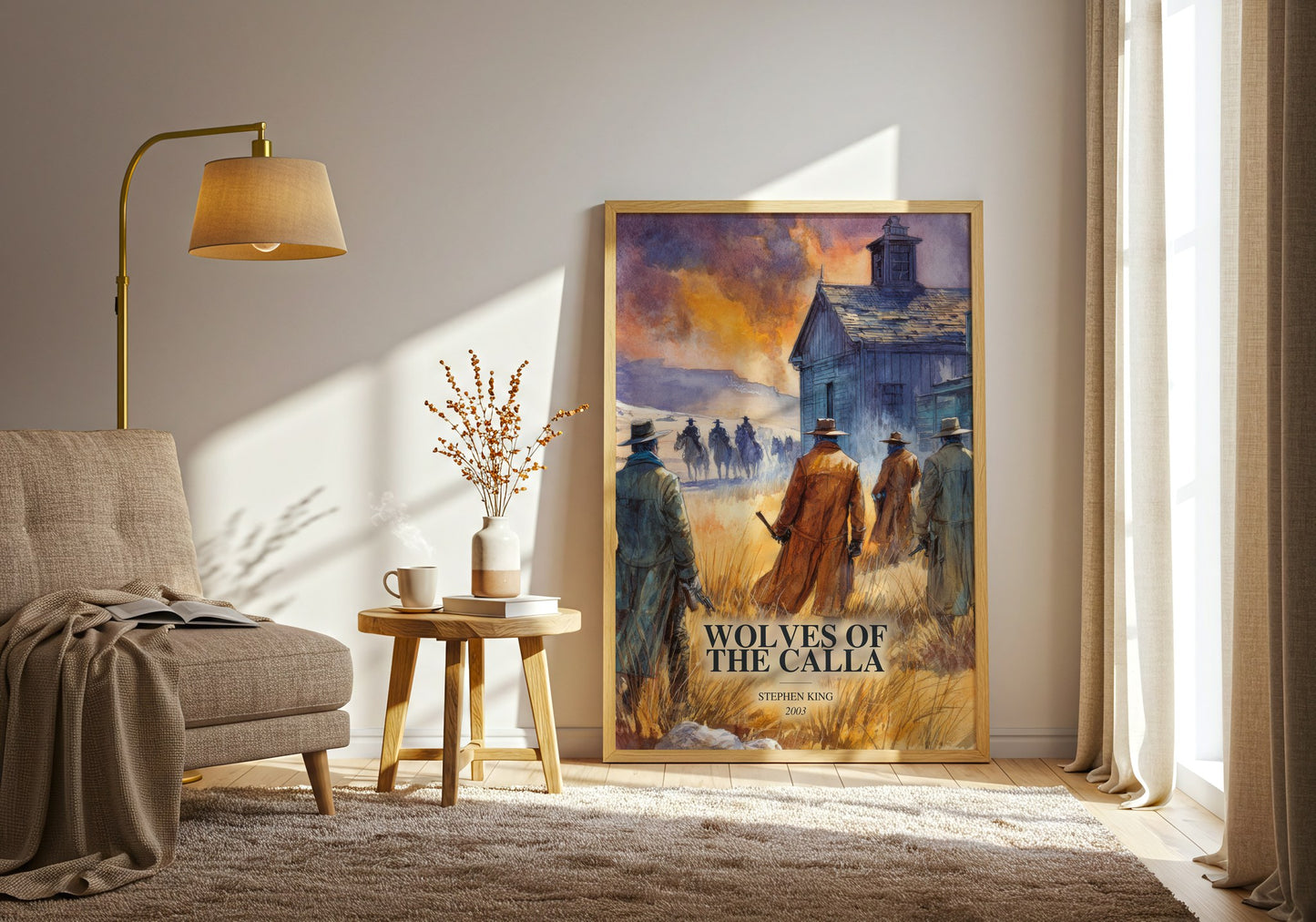 Wolves Of The Calla watercolour print in frame leaning in hallway – fantasy wall art