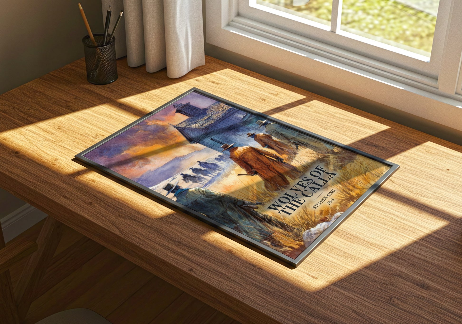 Wolves Of The Calla watercolour book poster framed on wall – fantasy wall art