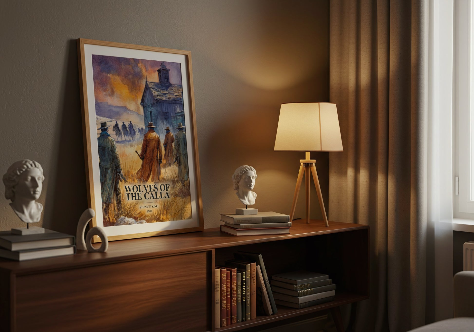 Wolves Of The Calla watercolour print on bookshelf – Stephen King fan gift
