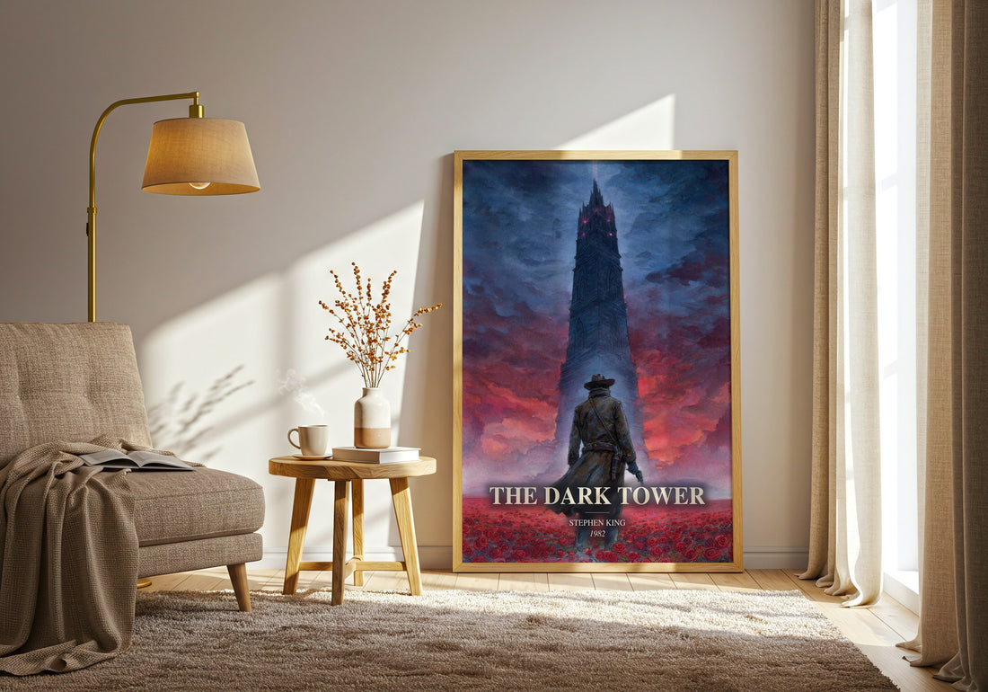 The Dark Tower watercolour print in frame leaning in hallway – fantasy wall art (mockup)