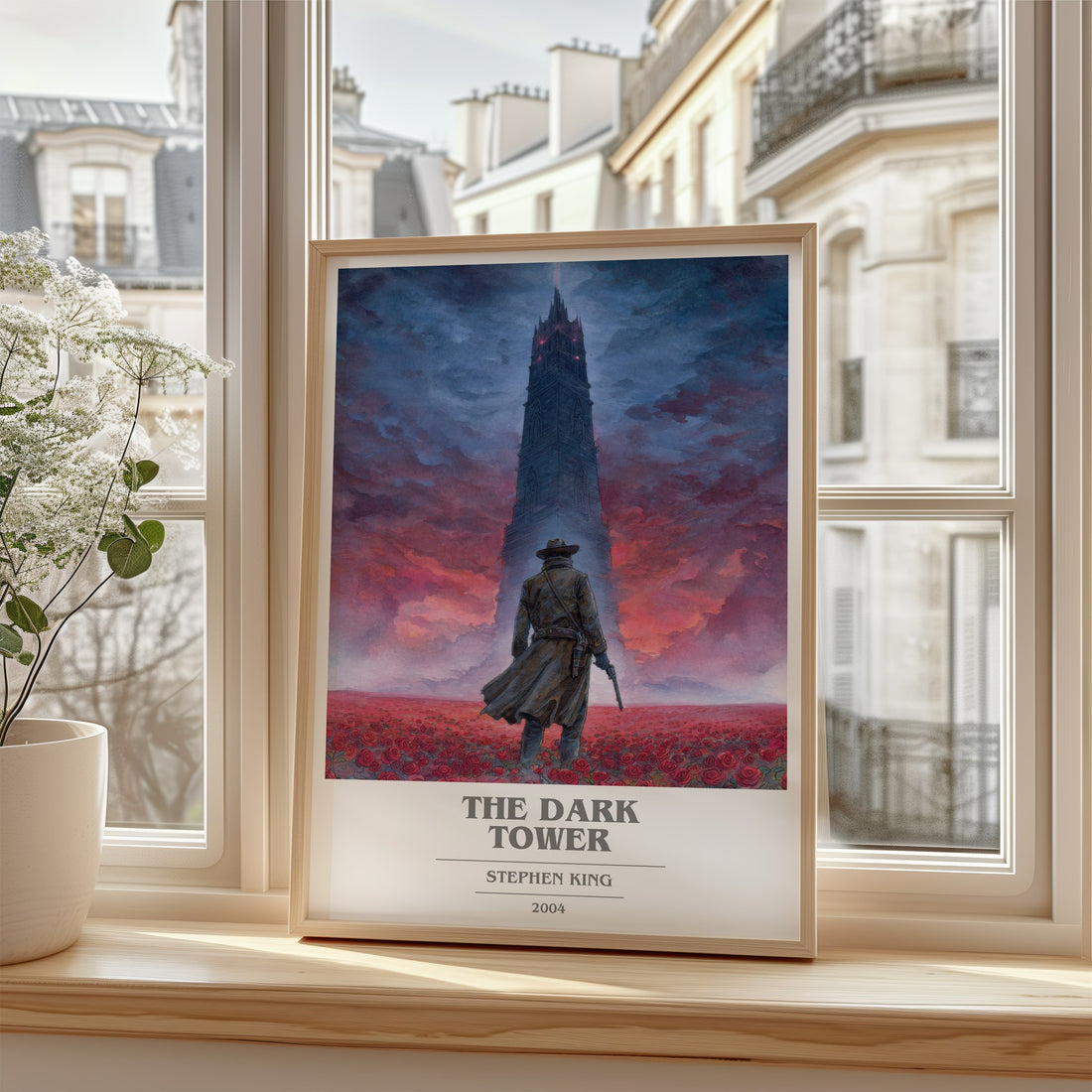 The Dark Tower Book Cover Poster by Stephen King – framed print by a bright window