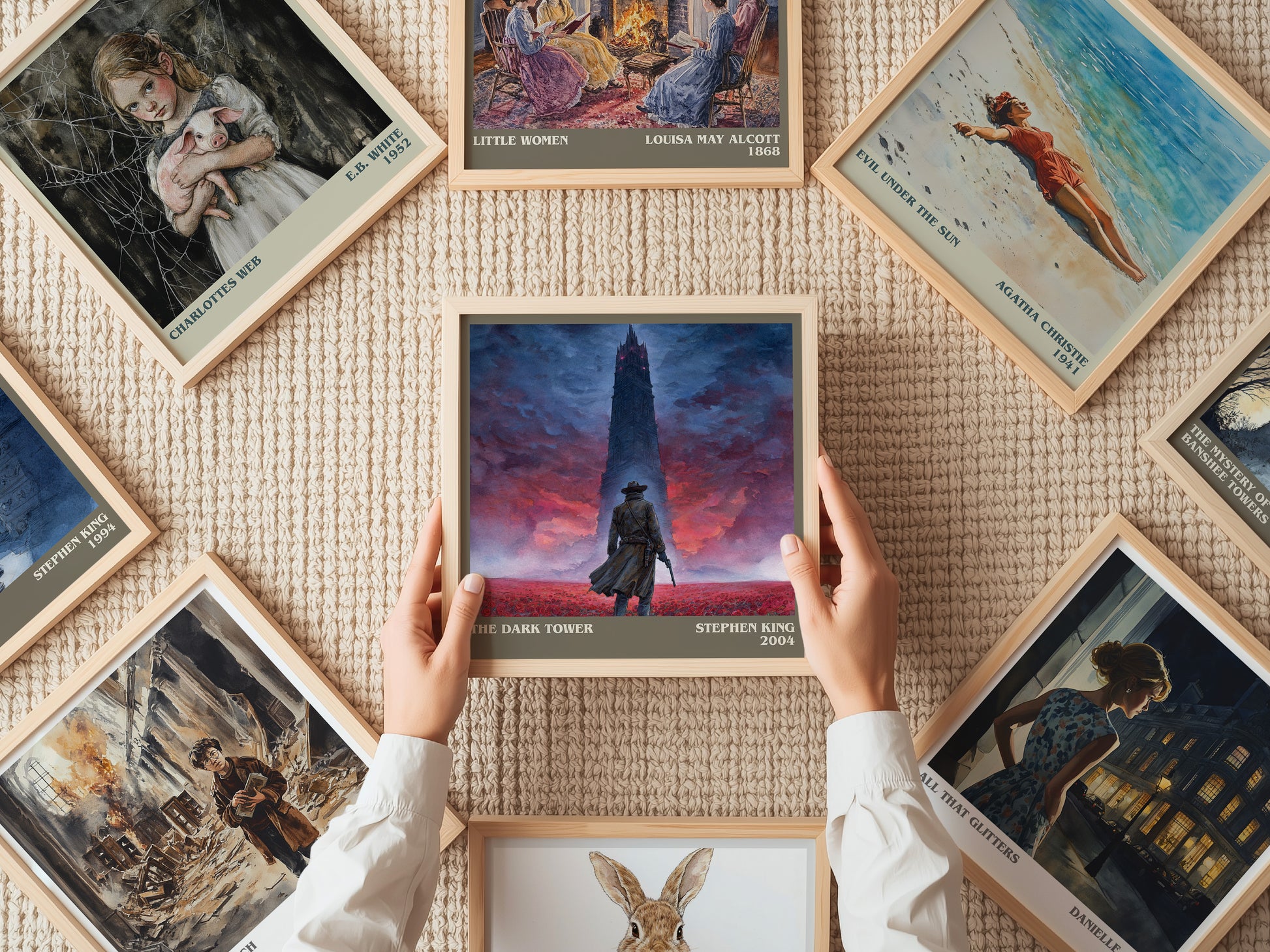 The Dark Tower literary print on bookshelf – Stephen King fan gift