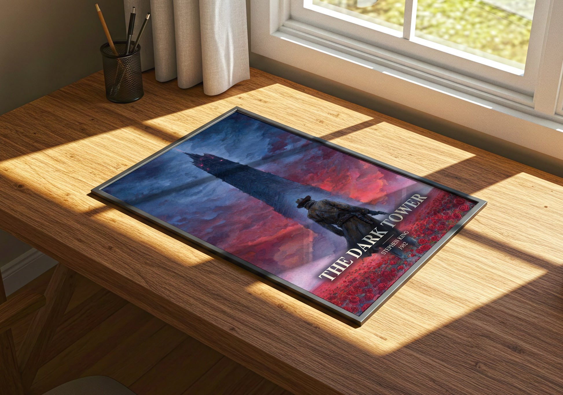 The Dark Tower watercolour book poster framed on wall – fantasy wall art