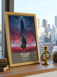 The Dark Tower Book Cover Poster by Stephen King – framed print on a city-view windowsill