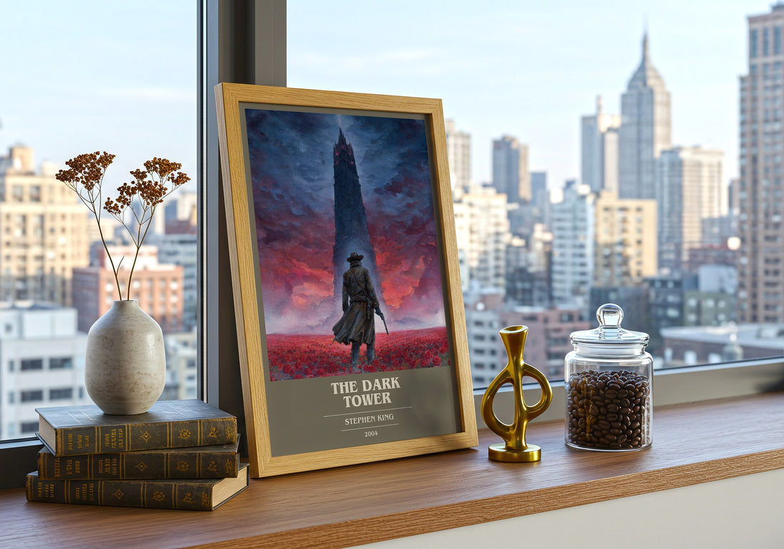 The Dark Tower Book Cover Poster by Stephen King – framed print on a city-view windowsill