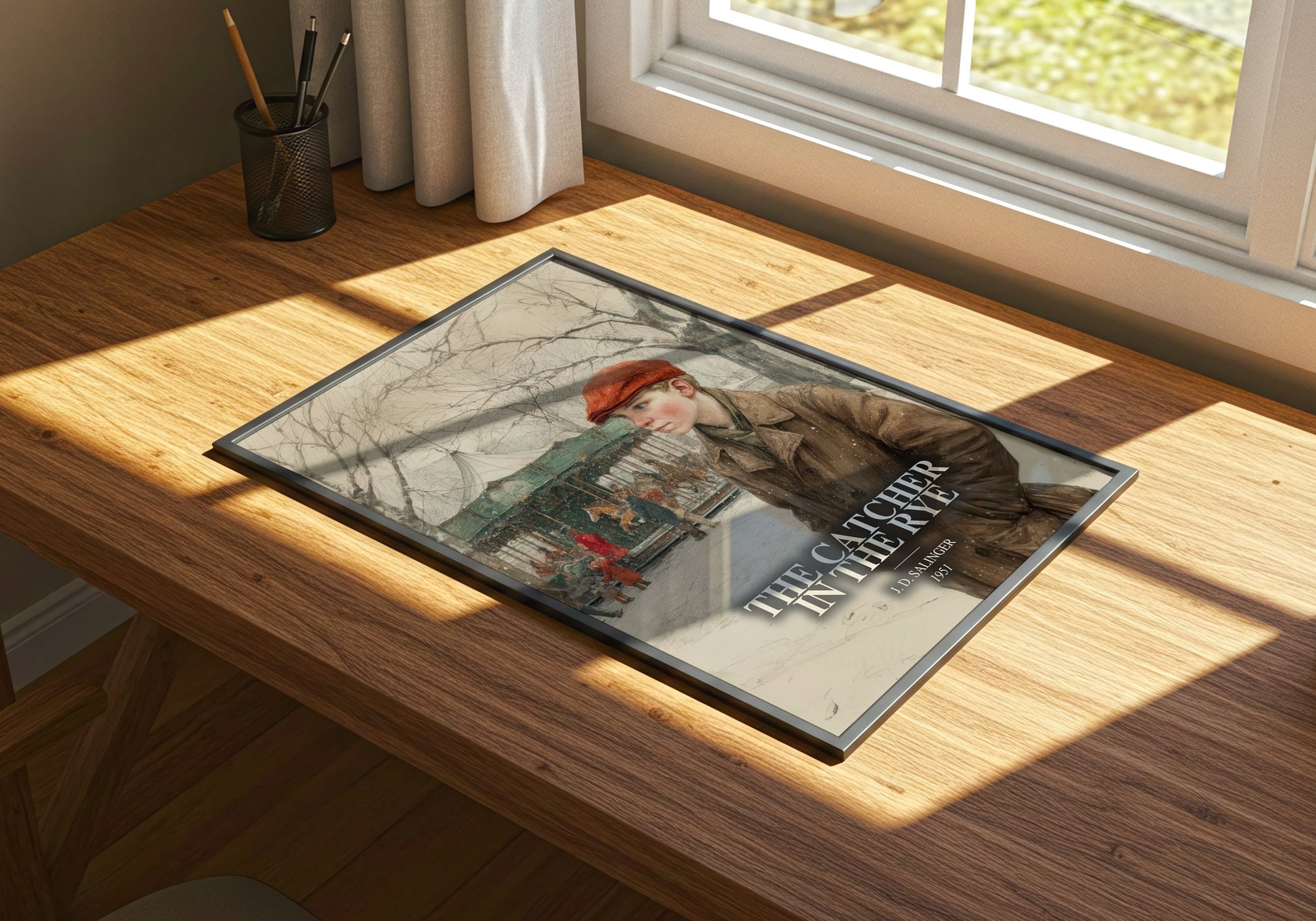 The Catcher In The Rye watercolour book poster framed on wall – coming of age wall art