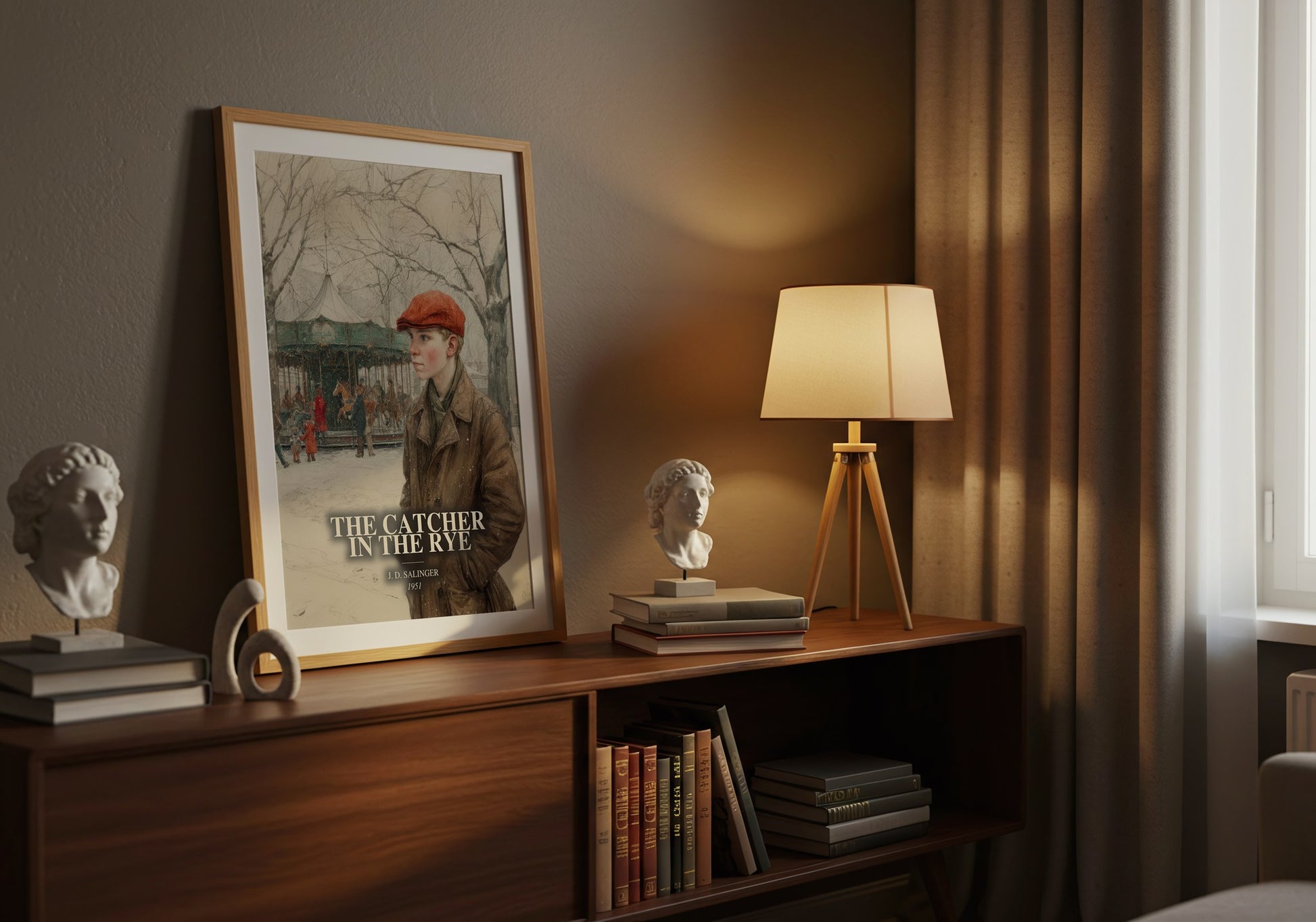 The Catcher In The Rye watercolour print on bookshelf – J. D. Salinger fan gift