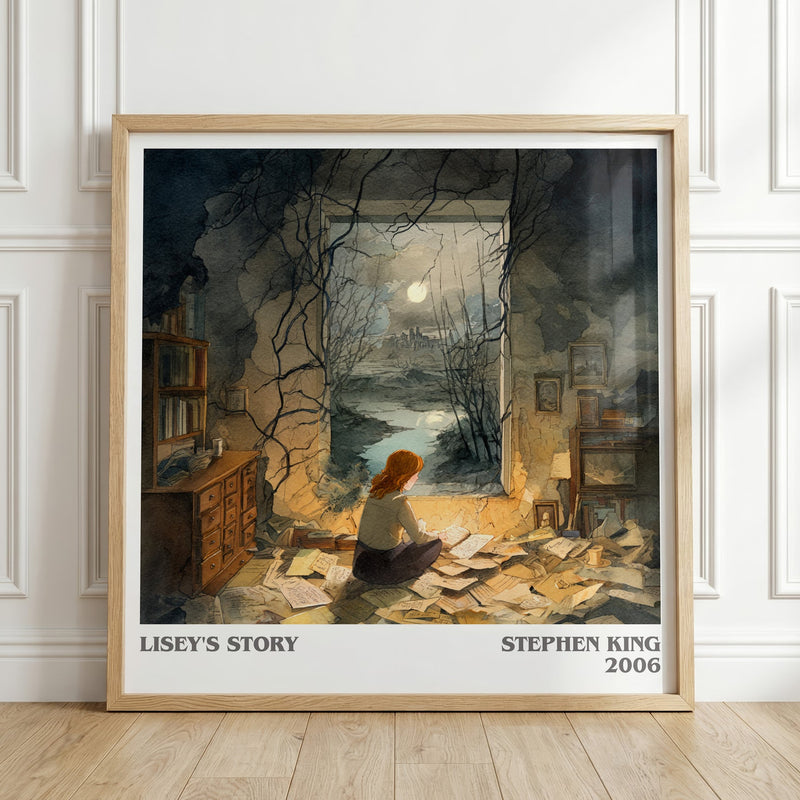 Lisey's Story literary print in frame leaning in hallway – horror wall art