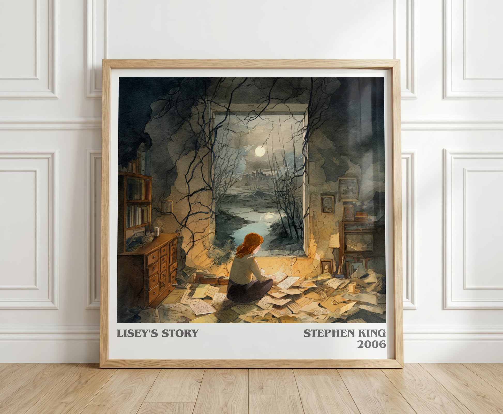 Lisey's Story literary print in frame leaning in hallway – horror wall art