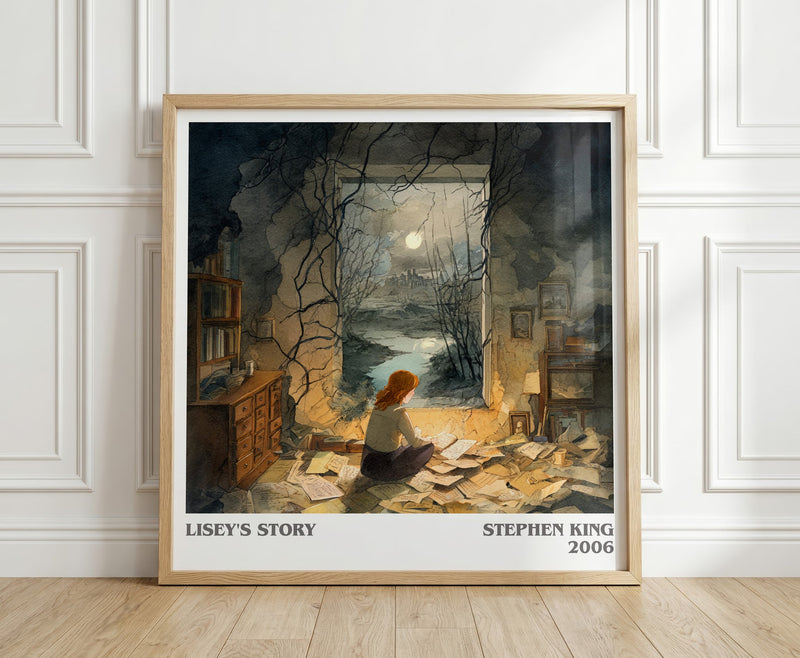 Lisey's Story literary print in frame leaning in hallway – horror wall art