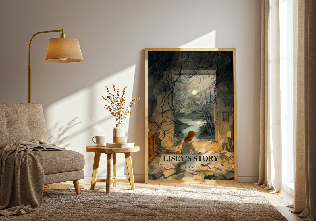 Lisey'S Story watercolour print in frame leaning in hallway – horror wall art (mockup)
