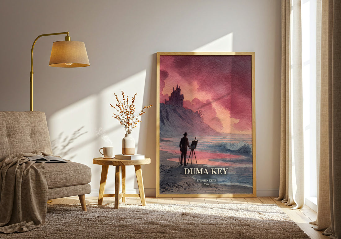 Duma Key watercolour print in frame leaning in hallway – horror wall art (mockup)