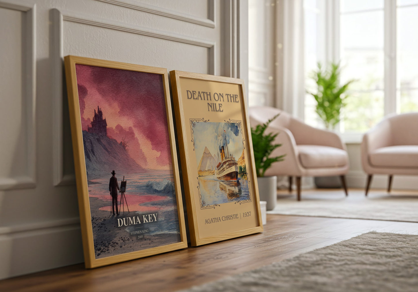Duma Key watercolour print framed by window – literary home decor